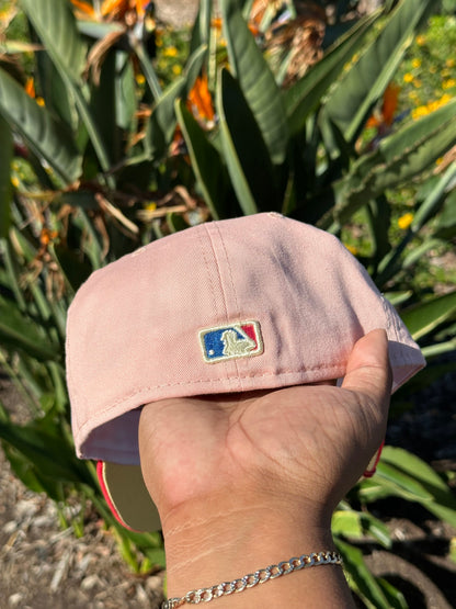 NEW ERA EXCLUSIVE 59FIFTY BLUSH/LAVA RED LOS ANGELES DODGERS W/ 2020 WORLD SERIES PATCH