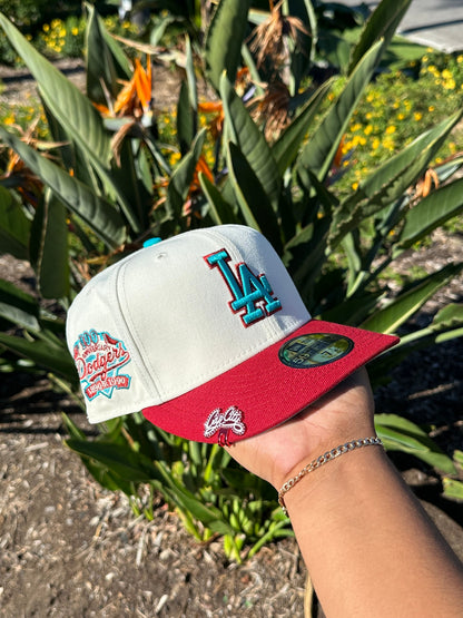 NEW ERA EXCLUSIVE 59FIFTY CHROME WHITE/BURGUNDY LOS ANGELES DODGERS W/ 100TH ANNIVERSARY PATCH