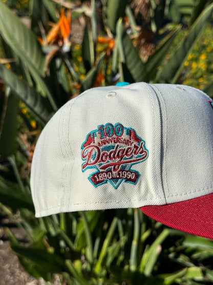 NEW ERA EXCLUSIVE 59FIFTY CHROME WHITE/BURGUNDY LOS ANGELES DODGERS W/ 100TH ANNIVERSARY PATCH