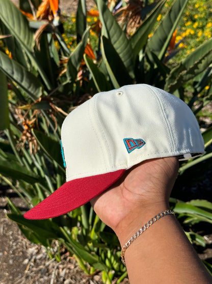 NEW ERA EXCLUSIVE 59FIFTY CHROME WHITE/BURGUNDY LOS ANGELES DODGERS W/ 100TH ANNIVERSARY PATCH