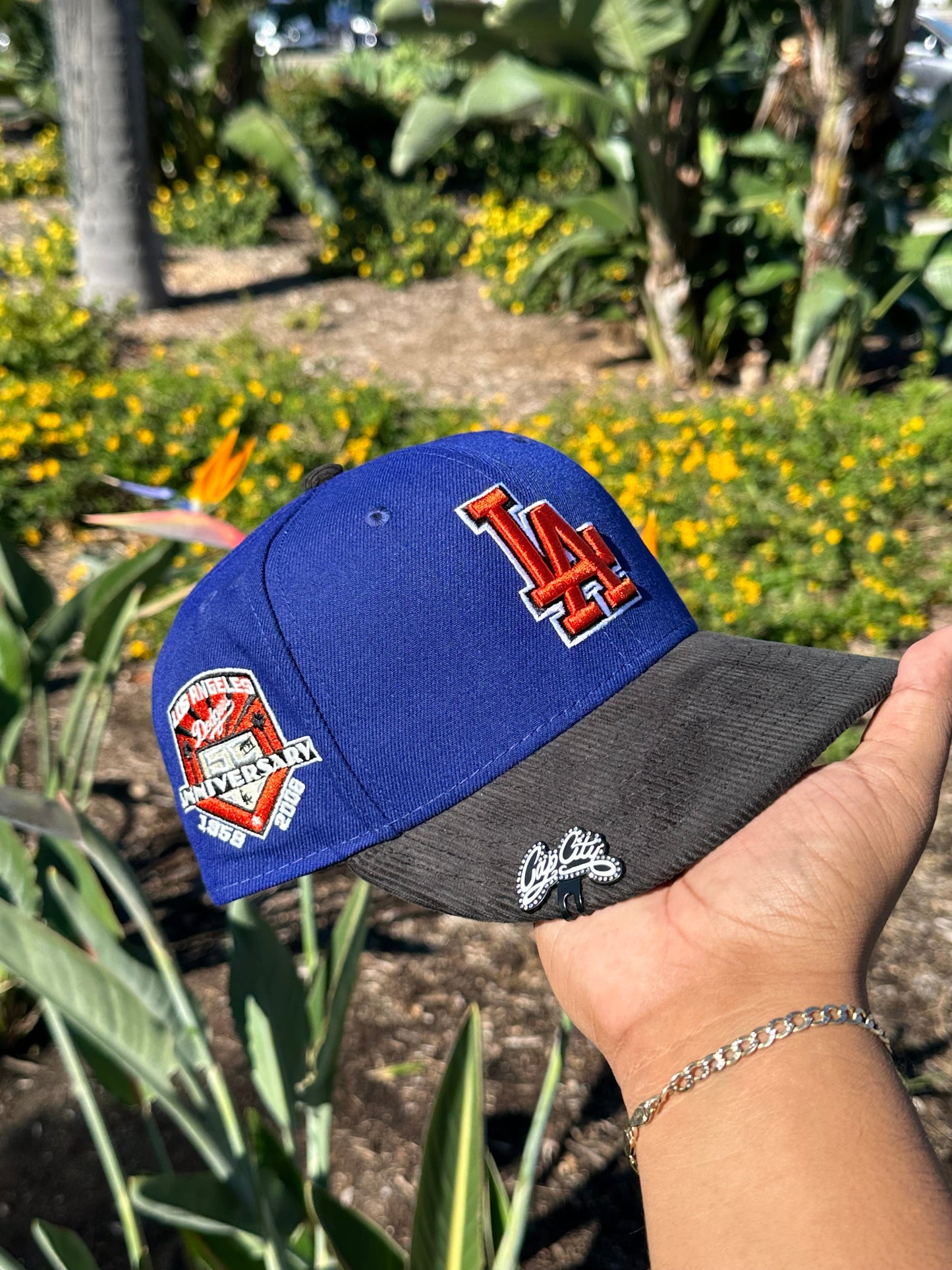 NEW ERA EXCLUSIVE 59FIFTY BLUE/CORDUROY LOS ANGELES DODGERS W/ 50TH ANNIVERSARY SIDE PATCH