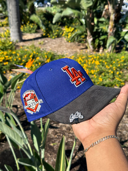 NEW ERA EXCLUSIVE 59FIFTY BLUE/CORDUROY LOS ANGELES DODGERS W/ 50TH ANNIVERSARY SIDE PATCH