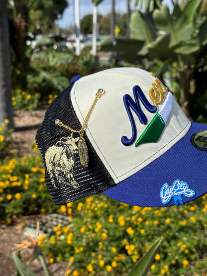 NEW ERA EXCLUSIVE 59FIFTY CHROME WHITE/BLUE MEXICO SCRIPT MESHBACK W/ THE GOAT PATCH
