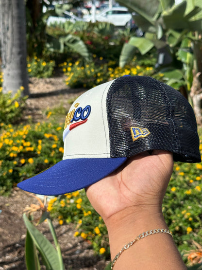 NEW ERA EXCLUSIVE 59FIFTY CHROME WHITE/BLUE MEXICO SCRIPT MESHBACK W/ THE GOAT PATCH