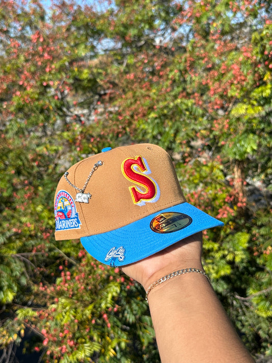 NEW ERA EXCLUSIVE 59FIFTY KHAKI/SKY BLUE SEATTLE MARINERS W/ 30TH ANNIVERSARY PATCH