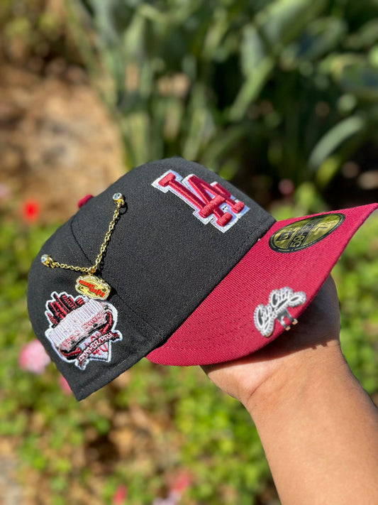 NEW ERA EXCLUSIVE 59FIFTY BLACK/BURGUNDY LOS ANGELES DODGERS W/ 40TH ANNIVERSARY SIDE PATCH