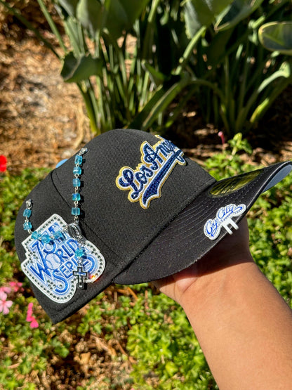 NEW ERA EXCLUSIVE 59FIFTY BLACK/SATIN LOS ANGELES DODGERS SCRIPT W/ RHINESTONES + 75TH WORLD SERIES SIDE PATCH