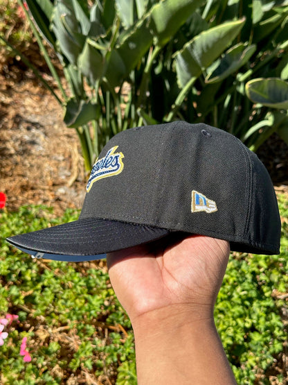 NEW ERA EXCLUSIVE 59FIFTY BLACK/SATIN LOS ANGELES DODGERS SCRIPT W/ RHINESTONES + 75TH WORLD SERIES SIDE PATCH