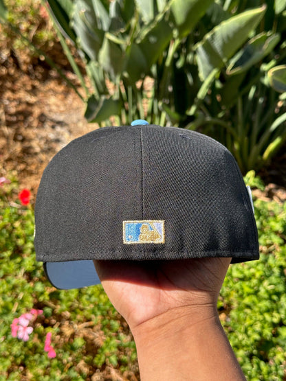 NEW ERA EXCLUSIVE 59FIFTY BLACK/SATIN LOS ANGELES DODGERS SCRIPT W/ RHINESTONES + 75TH WORLD SERIES SIDE PATCH