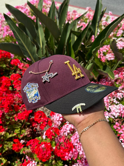 NEW ERA EXCLUSIVE 59FIFTY MAROON RED/BLACK LOS ANGELES DODGERS W/ 40TH ANNIVERSARY SIDE PATCH