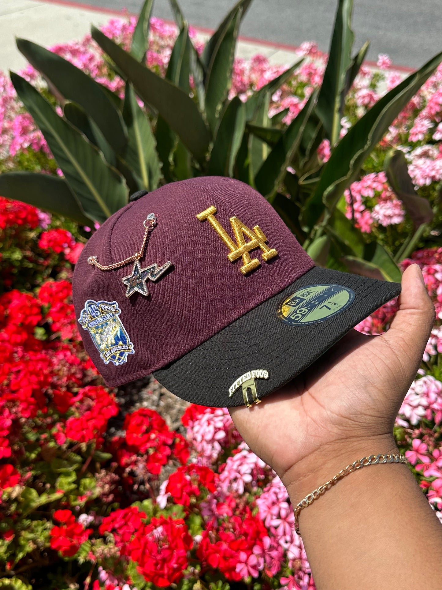NEW ERA EXCLUSIVE 59FIFTY MAROON RED/BLACK LOS ANGELES DODGERS W/ 40TH ANNIVERSARY SIDE PATCH