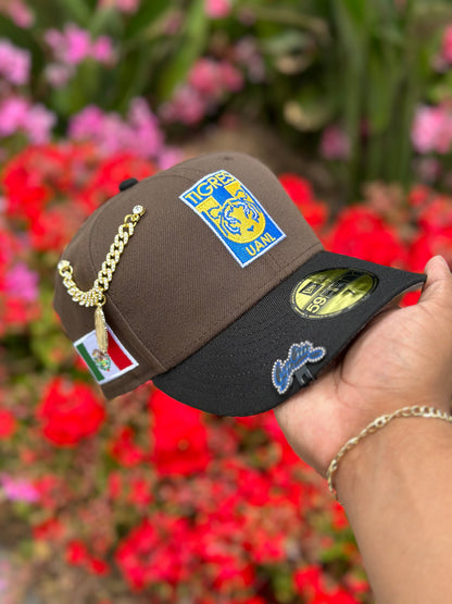 NEW ERA EXCLUSIVE 59FIFTY MOCHA/BLACK "CLUB TIGRES UANL" W/ MEXICO FLAG SIDE PATCH