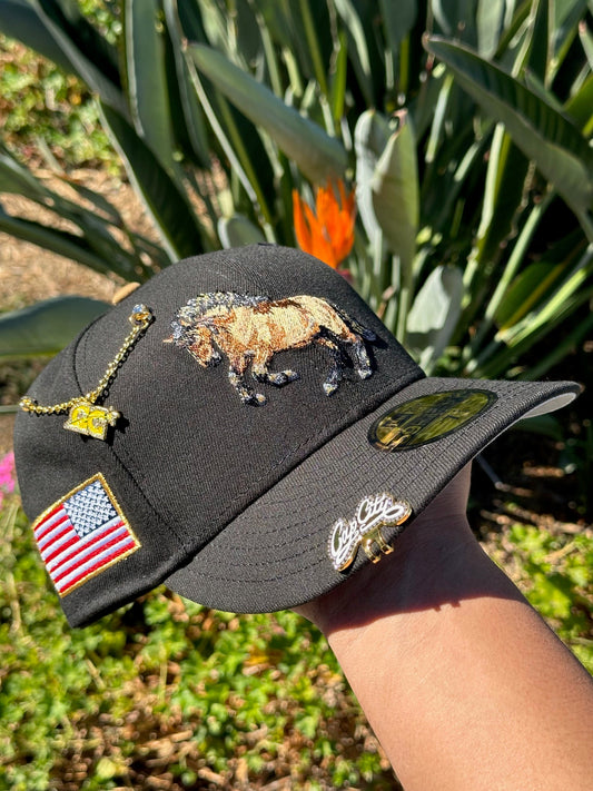 NEW ERA EXCLUSIVE 59FIFTY BLACK "STALLION" W/ AMERICAN FLAG SIDE PATCH