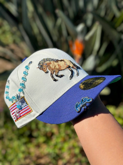 NEW ERA EXCLUSIVE 59FIFTY CHROME WHITE/BLUE "STALLION" W/ AMERICAN FLAG SIDE PATCH