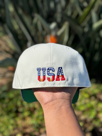 NEW ERA EXCLUSIVE 59FIFTY CHROME WHITE/BLUE "STALLION" W/ AMERICAN FLAG SIDE PATCH