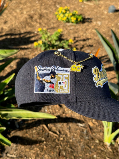 NEW ERA EXCLUSIVE 59FIFTY NAVY LOS ANGELES DODGERS SCRIPT W/ "JACKIE ROBINSON" SIDE PATCH