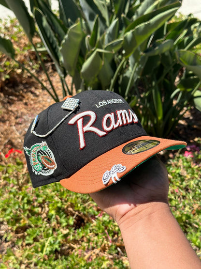 NEW ERA EXCLUSIVE 59FIFTY BLACK/RUST LOS ANGELES RAMS SCRIPT W/ NFL LOGO PATCH