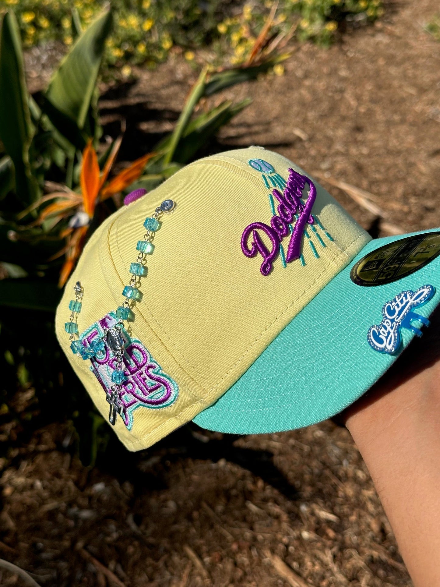 NEW ERA EXCLUSIVE 59FIFTY SOFT YELLOW/TURQUOISE LOS ANGELES DODGERS W/ 75TH WORLD SERIES SIDE PATCH