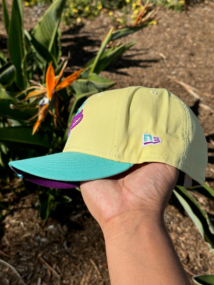 NEW ERA EXCLUSIVE 59FIFTY SOFT YELLOW/TURQUOISE LOS ANGELES DODGERS W/ 75TH WORLD SERIES SIDE PATCH