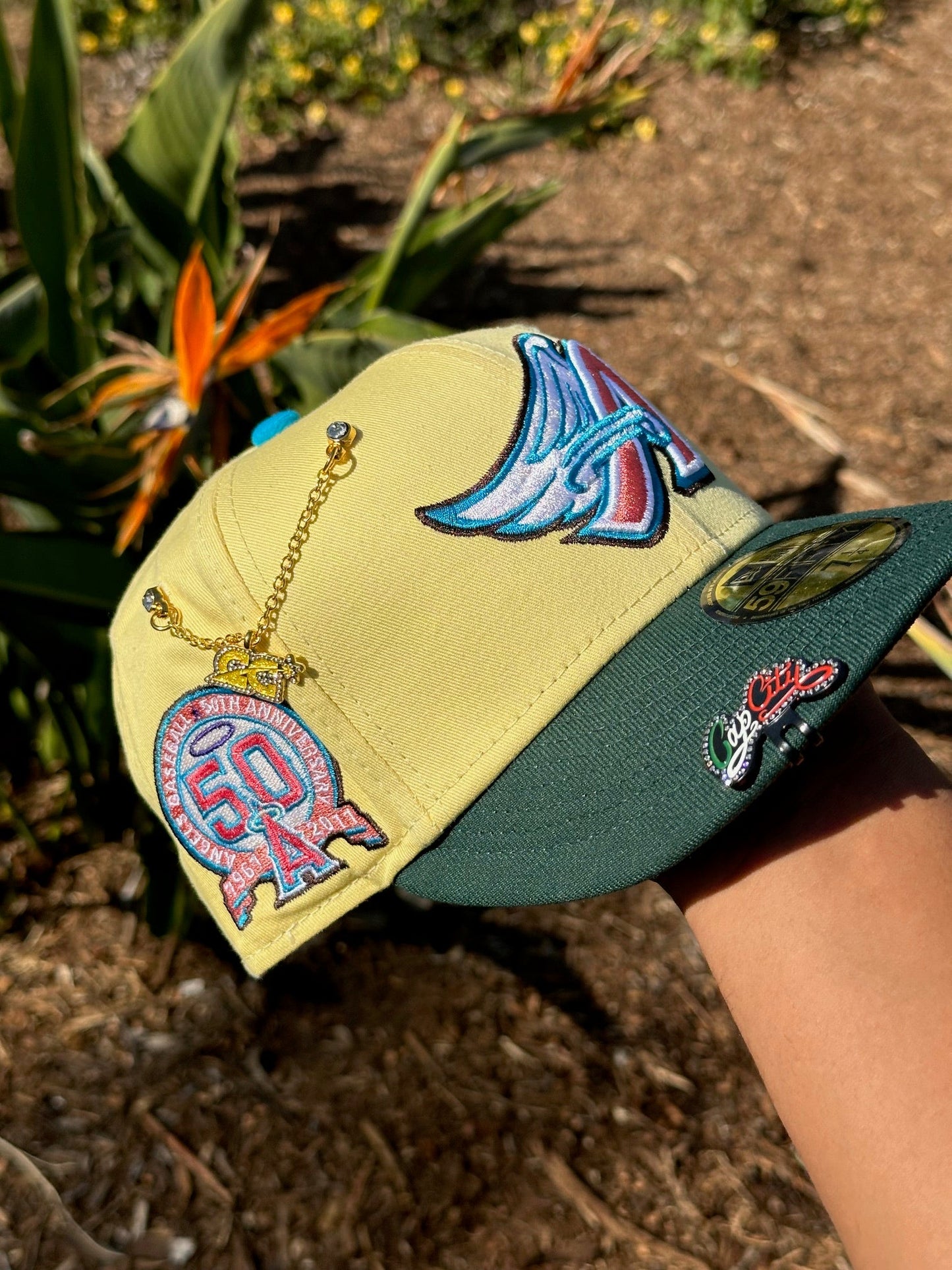 NEW ERA 59FIFTY SOFT YELLOW/GREEN ANAHEIM ANGELS W/ 50TH ANNIVERSARY SIDE PATCH