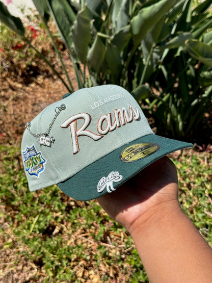 NEW ERA EXCLUSIVE 59FIFTY MINT/EMERALD LOS ANGELES RAMS SCRIPT W/ SUPERBOWL XXXIV SIDE PATCH