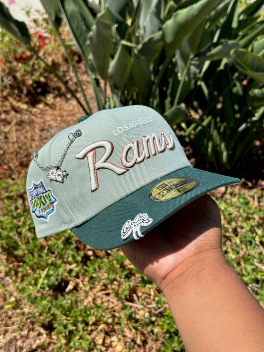 NEW ERA EXCLUSIVE 59FIFTY MINT/EMERALD LOS ANGELES RAMS SCRIPT W/ SUPERBOWL XXXIV SIDE PATCH