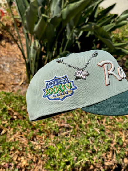 NEW ERA EXCLUSIVE 59FIFTY MINT/EMERALD LOS ANGELES RAMS SCRIPT W/ SUPERBOWL XXXIV SIDE PATCH
