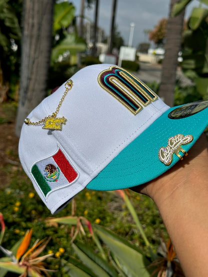 NEW ERA EXCLUSIVE 59FIFTY WHITE/TURQUOISE MEXICO W/ MEXICO FLAG SIDE PATCH