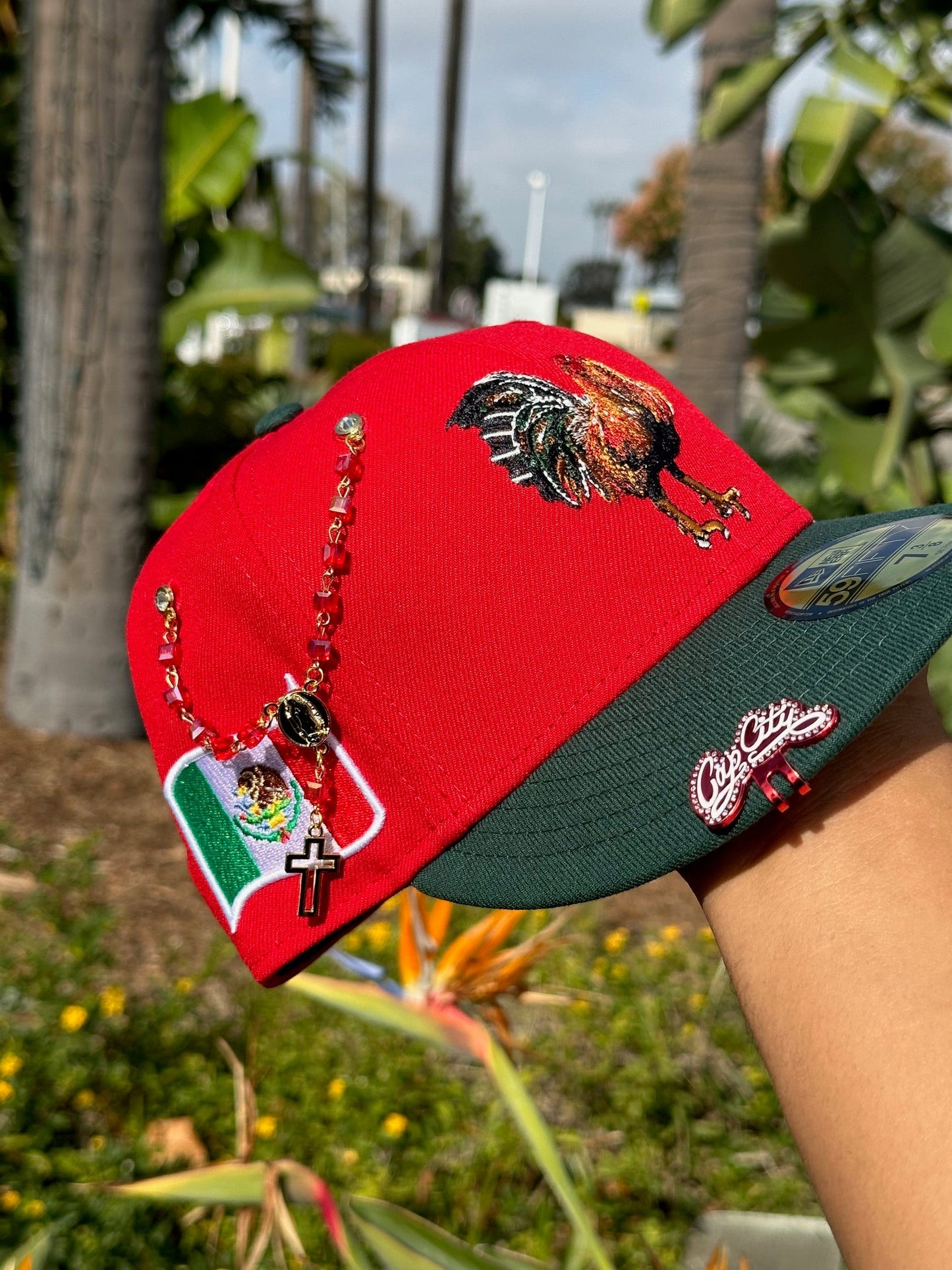 NEW ERA EXCLUSIVE 59FIFTY RED/FOREST GREEN MEXICO "EL GALLO" W/ MEXICO FLAG SIDE PATCH