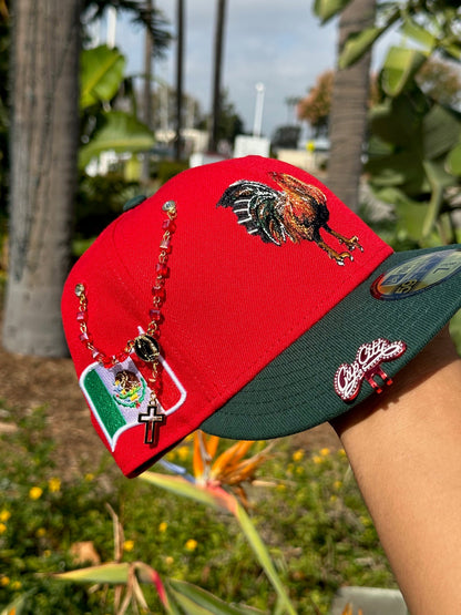 NEW ERA EXCLUSIVE 59FIFTY RED/FOREST GREEN MEXICO "EL GALLO" W/ MEXICO FLAG SIDE PATCH