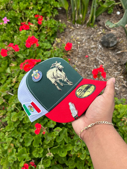 NEW ERA EXCLUSIVE 59FIFTY GREEN/RED "THE GOAT" MESHBACK W/ MEXICO FLAG SIDE PATCH