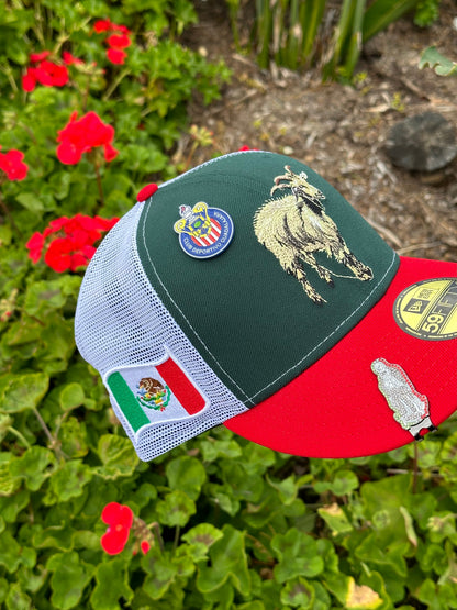 NEW ERA EXCLUSIVE 59FIFTY GREEN/RED "THE GOAT" MESHBACK W/ MEXICO FLAG SIDE PATCH