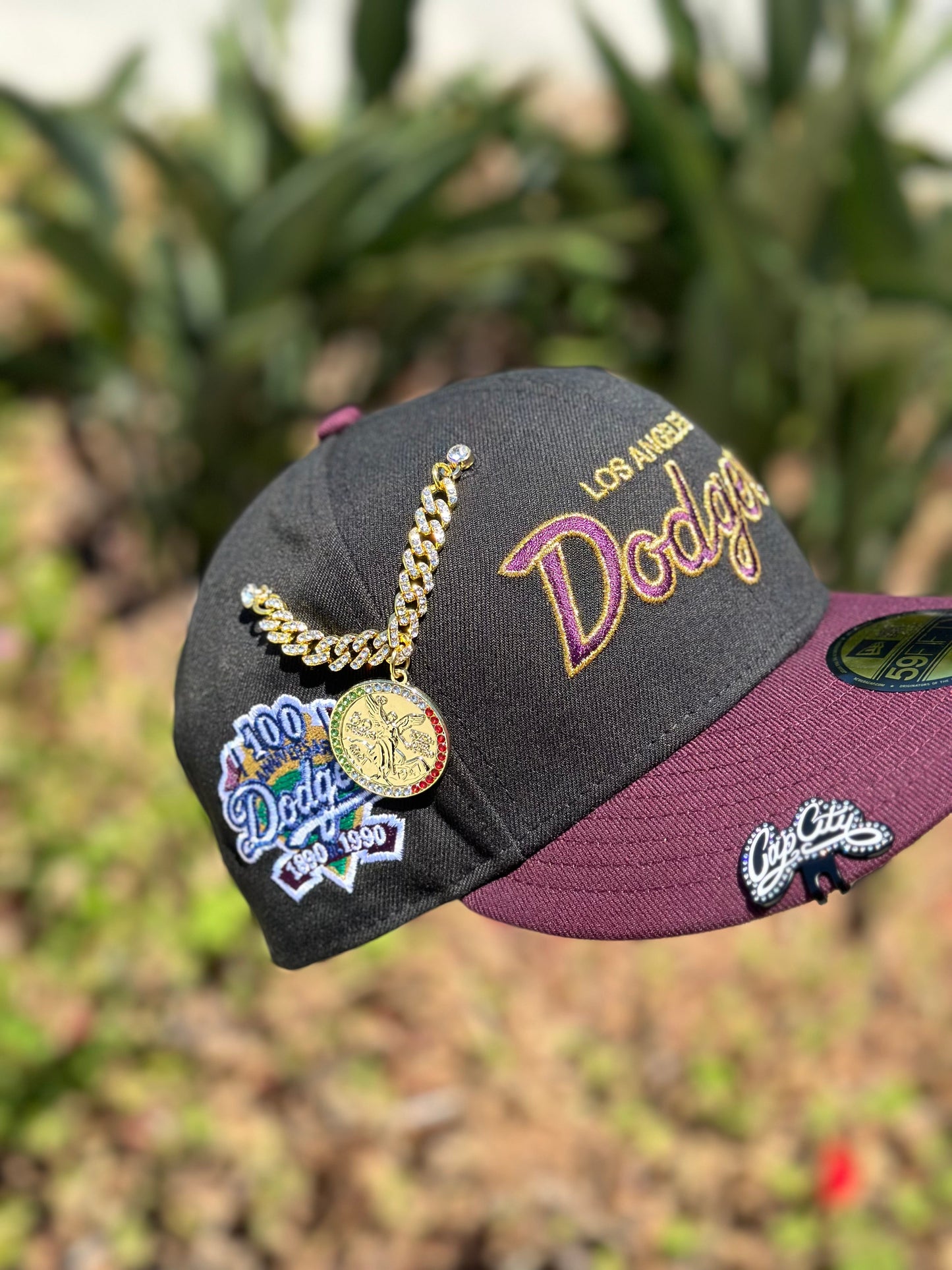 NEW ERA 59FIFTY BLACK/BURGUNDY LOS ANGELES DODGERS W/ 100TH ANNIVERSARY SIDE PATCH