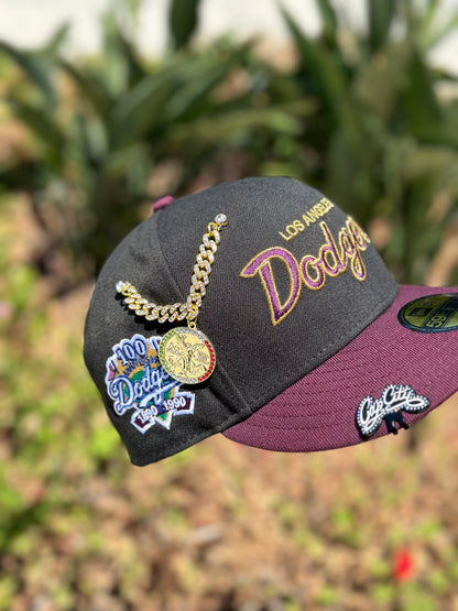NEW ERA 59FIFTY BLACK/BURGUNDY LOS ANGELES DODGERS W/ 100TH ANNIVERSARY SIDE PATCH