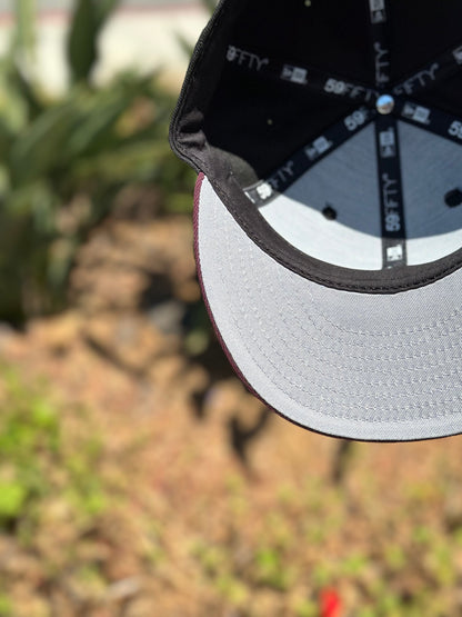 NEW ERA 59FIFTY BLACK/BURGUNDY LOS ANGELES DODGERS W/ 100TH ANNIVERSARY SIDE PATCH