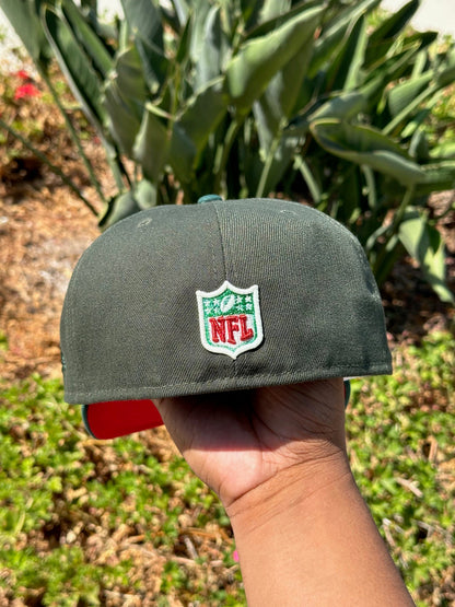 NEW ERA EXCLUSIVE 59FIFTY EMERALD GREEN LOS ANGELES RAMS SCRIPT W/ SUPERBOWL XXXIV SIDE PATCH