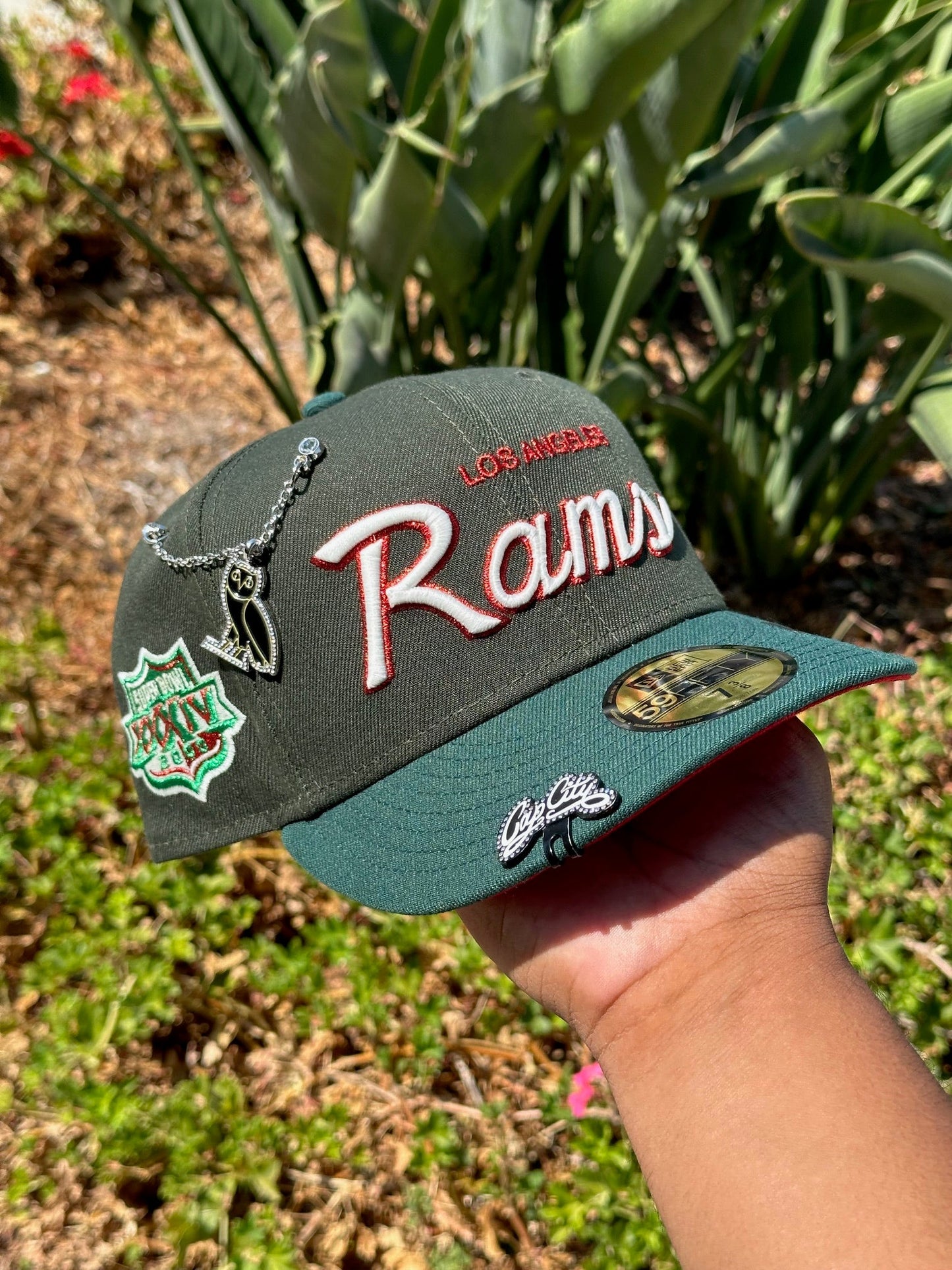 NEW ERA EXCLUSIVE 59FIFTY EMERALD GREEN LOS ANGELES RAMS SCRIPT W/ SUPERBOWL XXXIV SIDE PATCH
