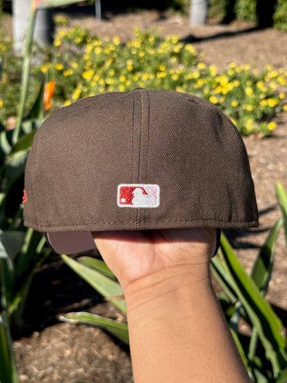 NEW ERA EXCLUSIVE 59FIFTY MOCHA/BLACK CLEVELAND INDIANS SCRIPT W/ "JACOBS FIELD" SIDE PATCH