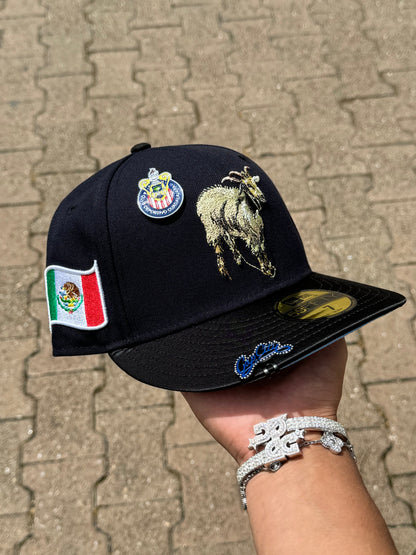NEW ERA EXCLUSIVE 59FIFTY NAVY/SATIN MEXICO "THE GOAT" W/ MEXICO FLAG PATCH