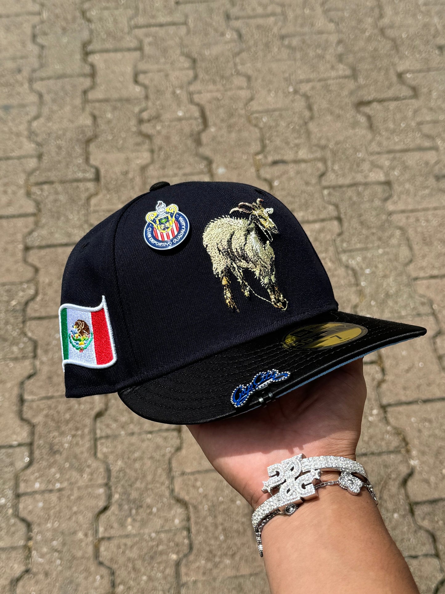 NEW ERA EXCLUSIVE 59FIFTY NAVY/SATIN MEXICO "THE GOAT" W/ MEXICO FLAG PATCH
