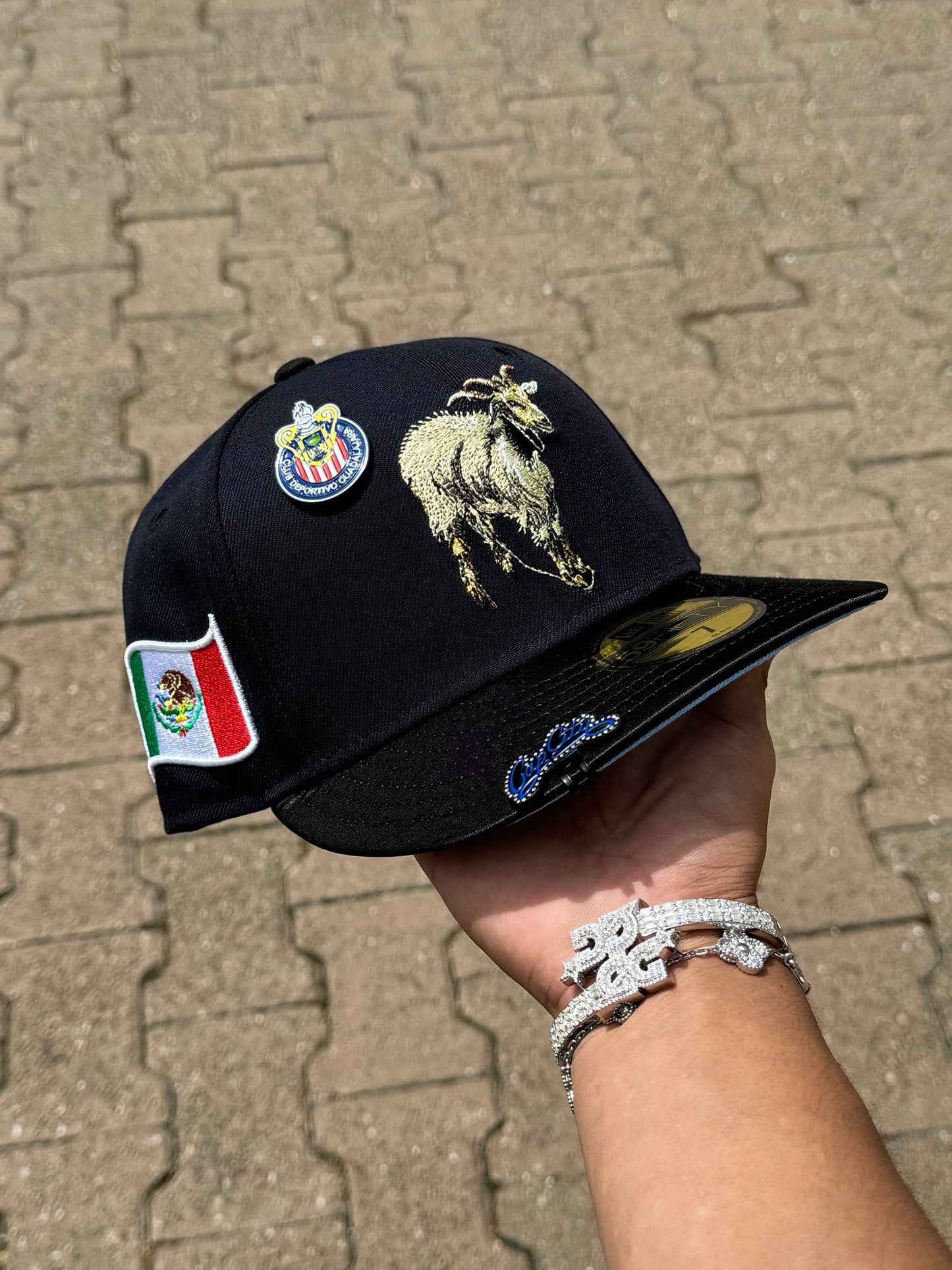NEW ERA EXCLUSIVE 59FIFTY NAVY/SATIN MEXICO "THE GOAT" W/ MEXICO FLAG PATCH