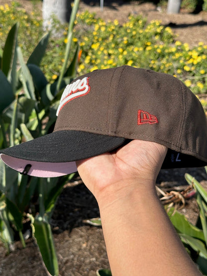NEW ERA EXCLUSIVE 59FIFTY MOCHA/BLACK CLEVELAND INDIANS SCRIPT W/ "JACOBS FIELD" SIDE PATCH