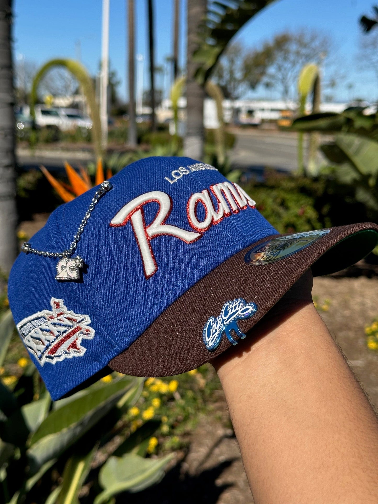 NEW ERA EXCLUSIVE 59FIFTY BLUE/WALNUT LOS ANGELES RAMS SCRIPT W/ SUPERBOWL XXXVI SIDE PATCH