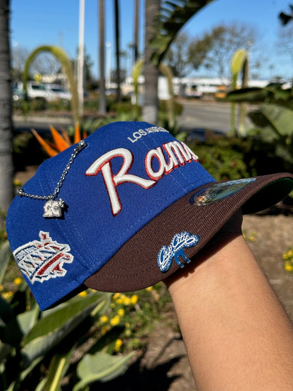NEW ERA EXCLUSIVE 59FIFTY BLUE/WALNUT LOS ANGELES RAMS SCRIPT W/ SUPERBOWL XXXVI SIDE PATCH