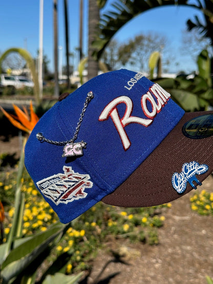 NEW ERA EXCLUSIVE 59FIFTY BLUE/WALNUT LOS ANGELES RAMS SCRIPT W/ SUPERBOWL XXXVI SIDE PATCH