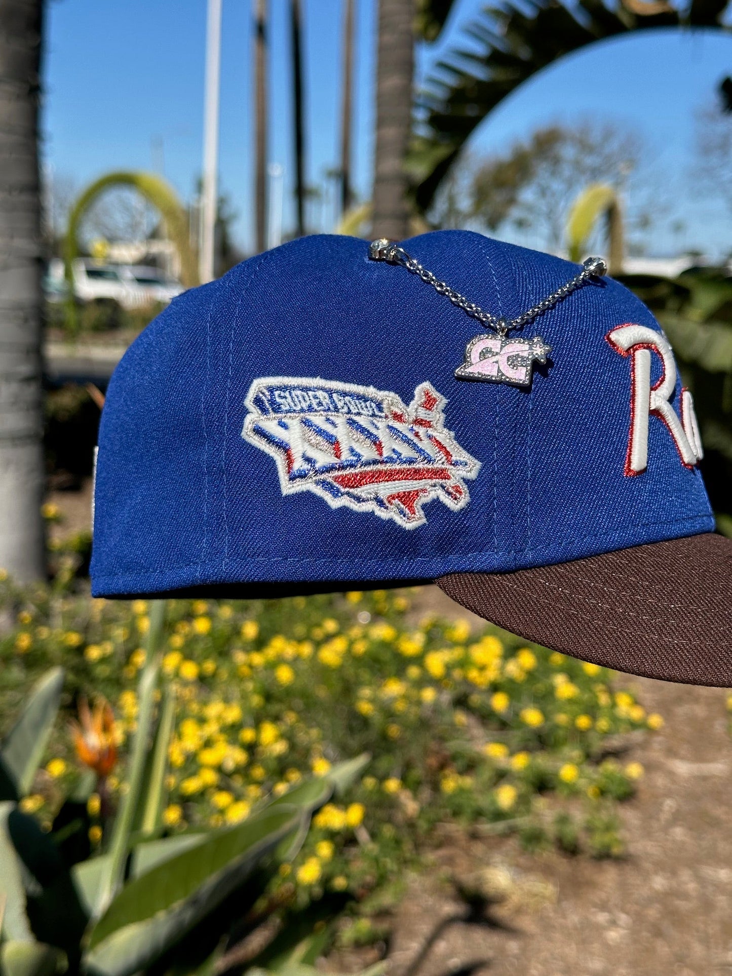 NEW ERA EXCLUSIVE 59FIFTY BLUE/WALNUT LOS ANGELES RAMS SCRIPT W/ SUPERBOWL XXXVI SIDE PATCH