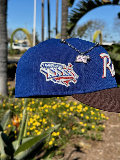 NEW ERA EXCLUSIVE 59FIFTY BLUE/WALNUT LOS ANGELES RAMS SCRIPT W/ SUPERBOWL XXXVI SIDE PATCH