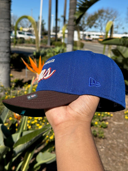 NEW ERA EXCLUSIVE 59FIFTY BLUE/WALNUT LOS ANGELES RAMS SCRIPT W/ SUPERBOWL XXXVI SIDE PATCH