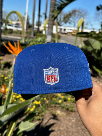 NEW ERA EXCLUSIVE 59FIFTY BLUE/WALNUT LOS ANGELES RAMS SCRIPT W/ SUPERBOWL XXXVI SIDE PATCH