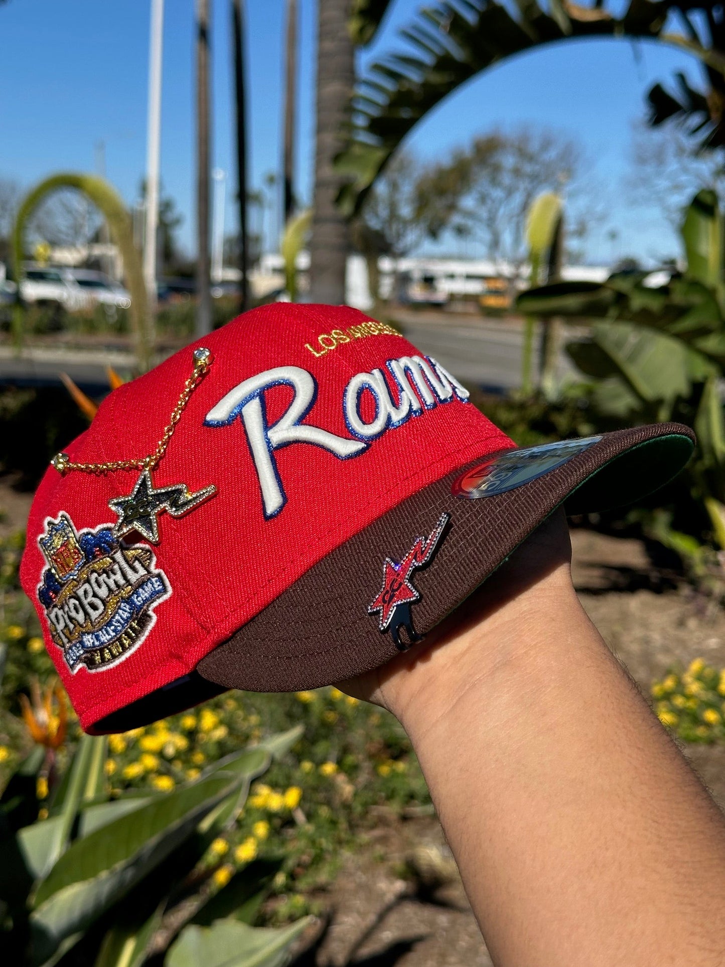 NEW ERA EXCLUSIVE 59FIFTY RED/WALNUT LOS ANGELES RAMS SCRIPT W/ PROBOWL SIDE PATCH
